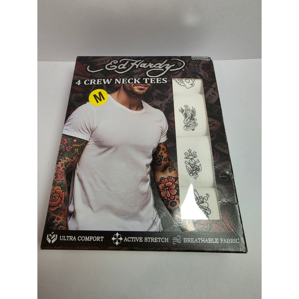 Ed Hardy Mens 4 Pack Crew Neck Tees White Tattoo Graphic Undershirts Size Medium